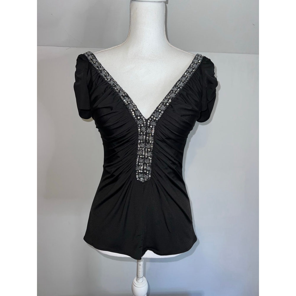 Women's JS Boutique Black Blouse with Silver Embellishments, Size 4